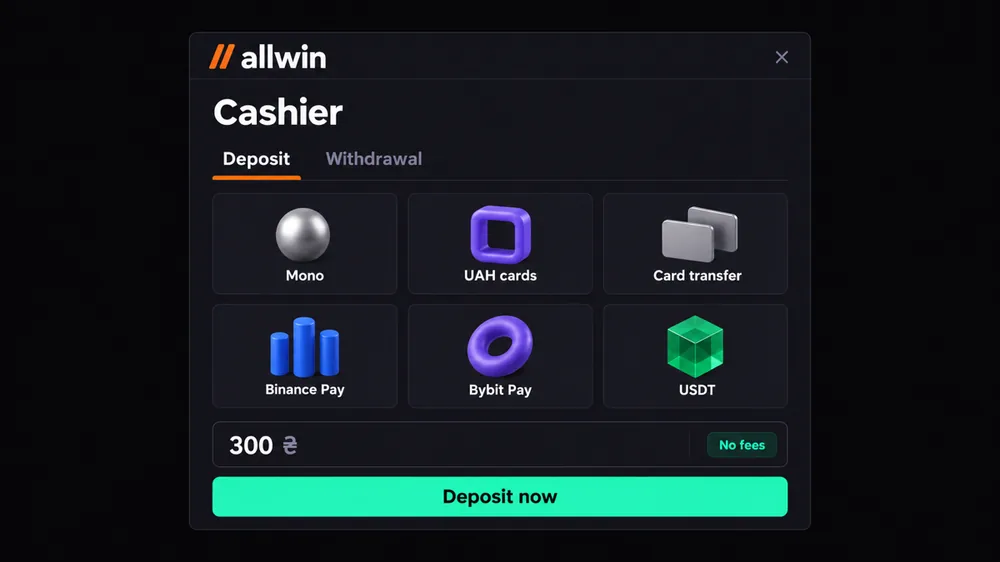 Allwin Favbet cashier: deposits via Mono, UAH cards, Binance Pay, Bybit Pay and USDT from 300 ₴