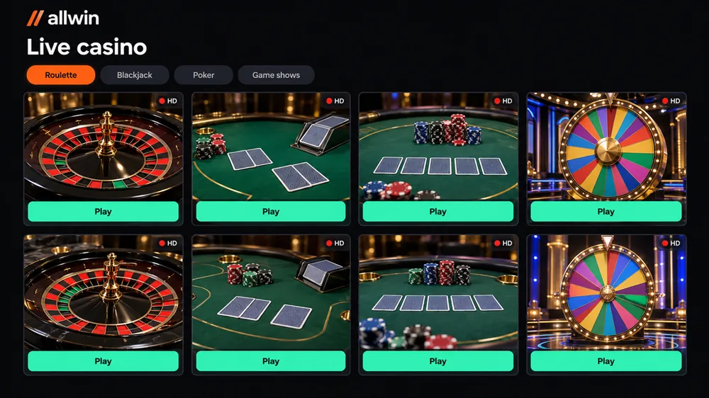 Allwin Favbet live casino section: roulette, blackjack, poker and game shows