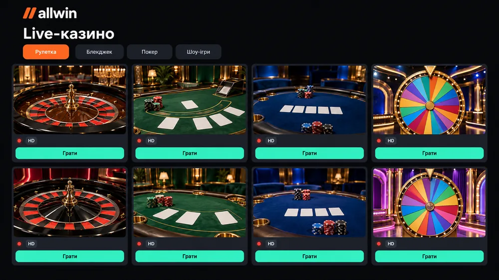Розділ live-казино Allwin Favbet: рулетка, блекджек, покер і шоу-ігри